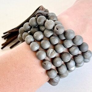 Gray Druzy Mala Long Beaded Necklace Brown Leather Tassel Bohemian